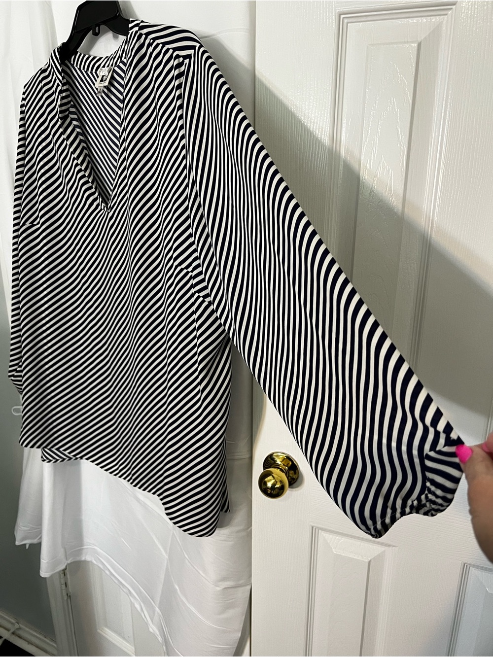 Anne Klein Black and White Striped V-Neck Blouse - Picture 2 of 5